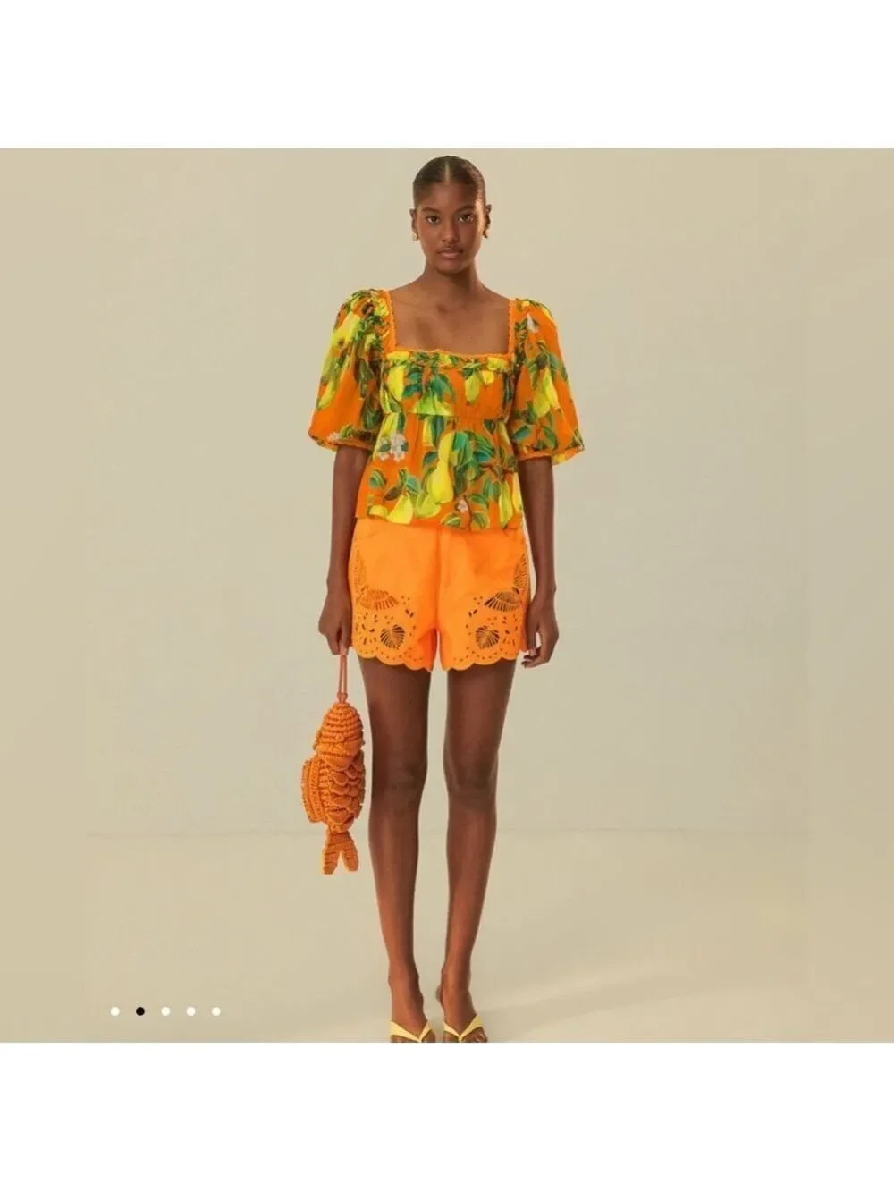 Farm Rio Orange Chic Pears Short Sleeve Blouse